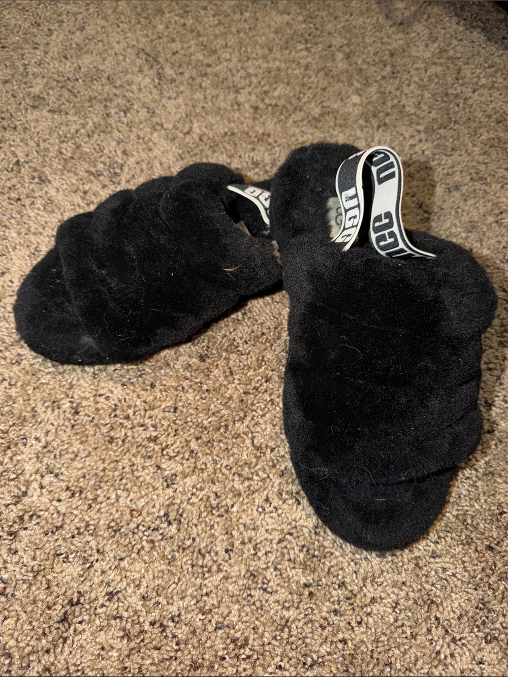 UGG Black Fluff Slide Slippers with Branded Heel Strap
